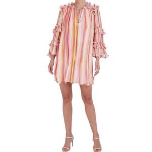 BCBGMAXAZRIA Accordion Pleated Shift Dress Ruffles Orange Multi Stripe SZ 2 NWOT